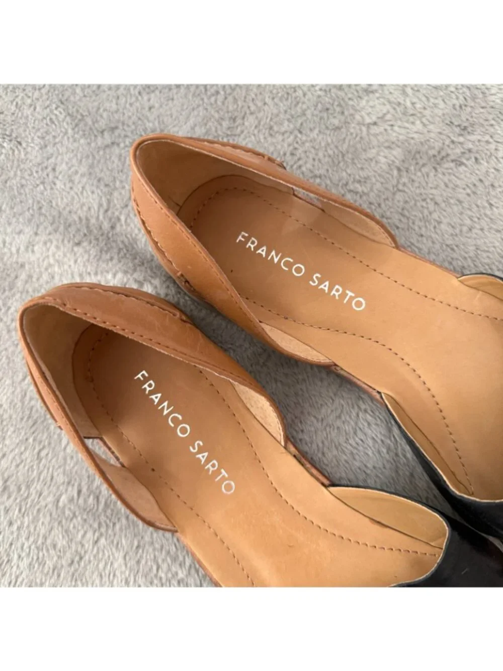 Franco Sarto Leather Open Toe D'Orsay Sandals Flats Shoes Womens 7.5 Black Brown